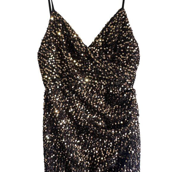 Ieena for Mac Duggal Bronze Sequin Ruched High Slit Gown Size 2 NWT Style# 55700 - Picture 5 of 14